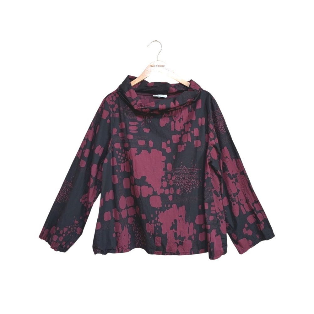 Bryn Walker Large Maroon Black Artsy Organic Cotton Cowl Neck Lagenlook Top
